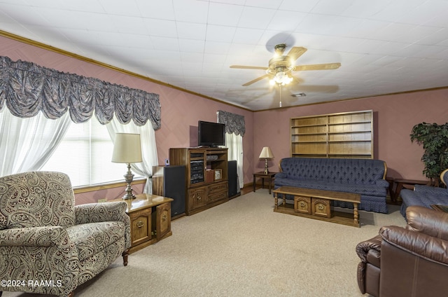 14311 William Rd, Kaplan, LA 70548 - carpeted living area featuring crown molding and ceiling fan