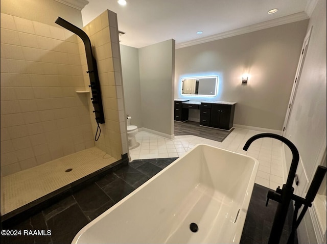 full bathroom featuring vanity, toilet, crown molding, and separate shower and tub