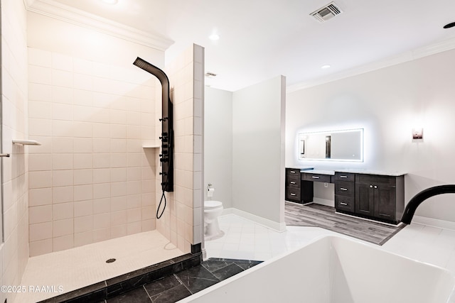 2862 S Union St, Opelousas, LA 70570 - full bathroom with crown molding, toilet, baseboards, tiled shower, and a freestanding bath