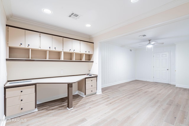 2862 S Union St, Opelousas, LA 70570 - unfurnished office with ornamental molding, light wood-style flooring, baseboards, a ceiling fan, and recessed lighting