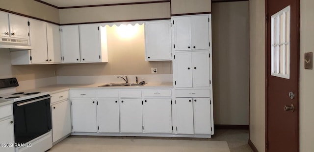 kitchen featuring sink, white electric range, crown molding, and white cabinetry