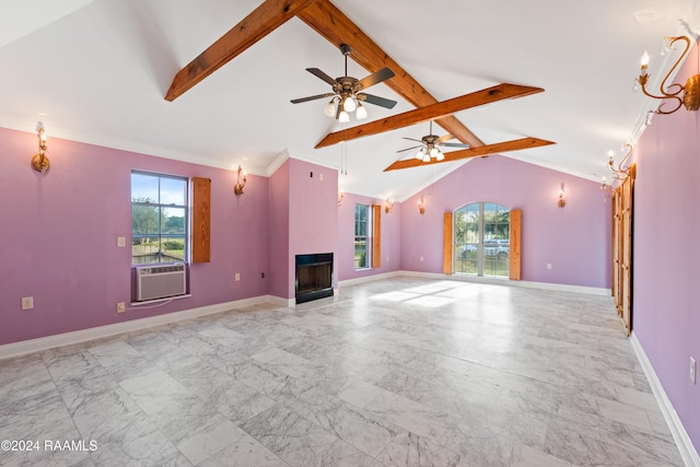 unfurnished living room featuring ceiling fan, vaulted ceiling with beams, and a wealth of natural light