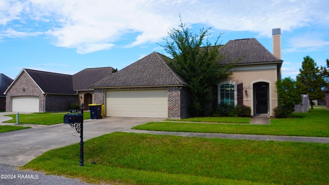 view of front of house with a garage and a front lawn