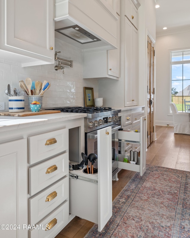 kitchen featuring tasteful backsplash, dark wood-type flooring, white cabinets, custom exhaust hood, and stainless steel range