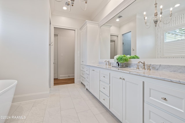 bathroom featuring an inviting chandelier, crown molding, vanity, and separate shower and tub