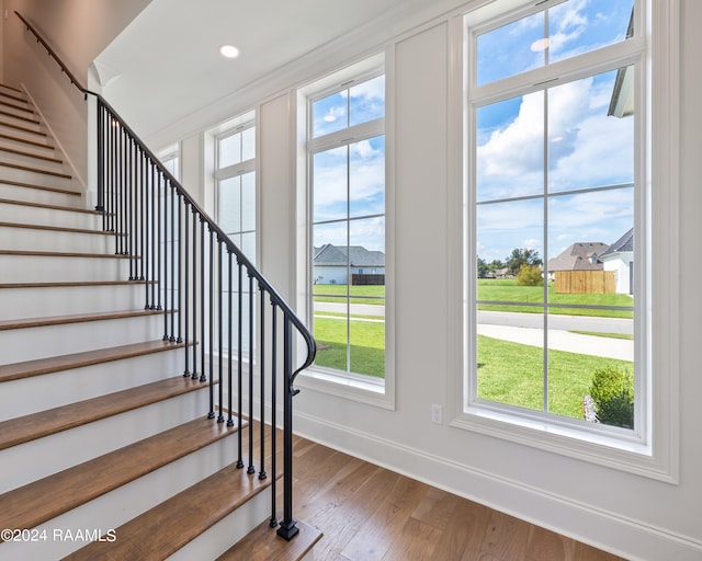 stairway with hardwood / wood-style floors