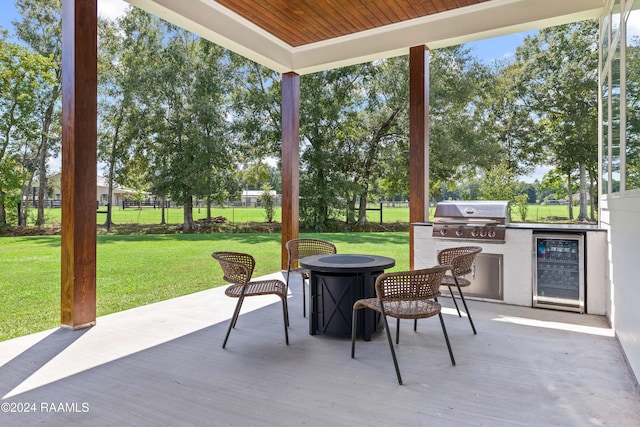 sunroom / solarium featuring wood ceiling, wine cooler, and indoor bar