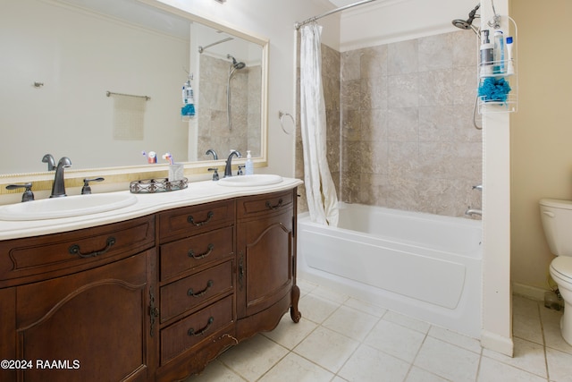 full bathroom with shower / bath combination with curtain, vanity, toilet, and tile patterned floors