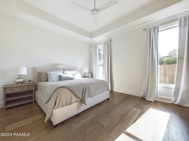 bedroom with ceiling fan, a raised ceiling, and dark hardwood / wood-style flooring