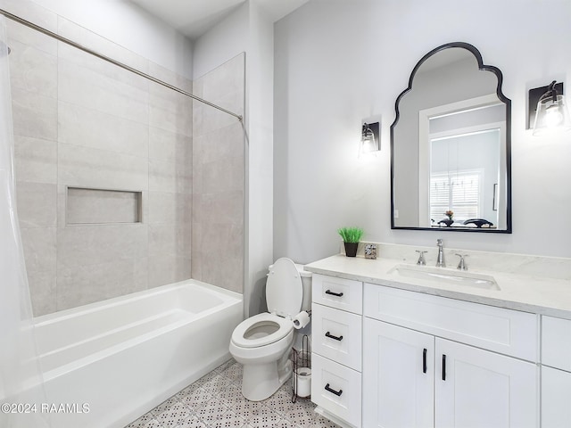 full bathroom with vanity, toilet, and shower / bathtub combination with curtain