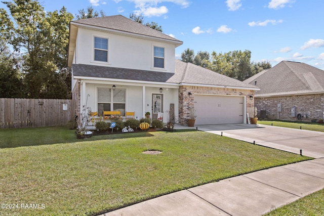 front facade with a front lawn, covered porch, and a garage