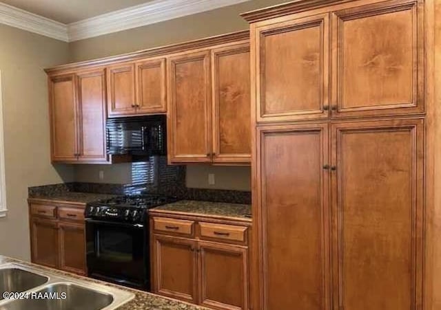147 Oakbend Dr, Lafayette, LA 70506 - kitchen featuring brown cabinets, crown molding, and black appliances