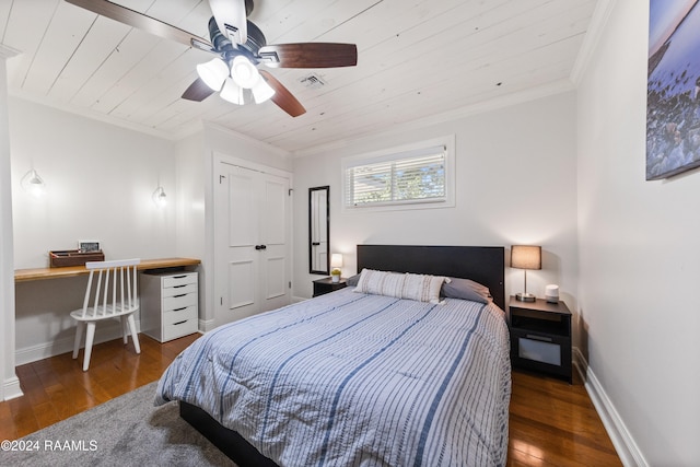 bedroom featuring ornamental molding, dark hardwood / wood-style flooring, ceiling fan, and wooden ceiling