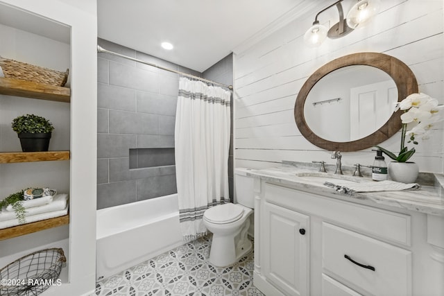 full bathroom featuring tile patterned floors, vanity, toilet, and shower / bath combo with shower curtain