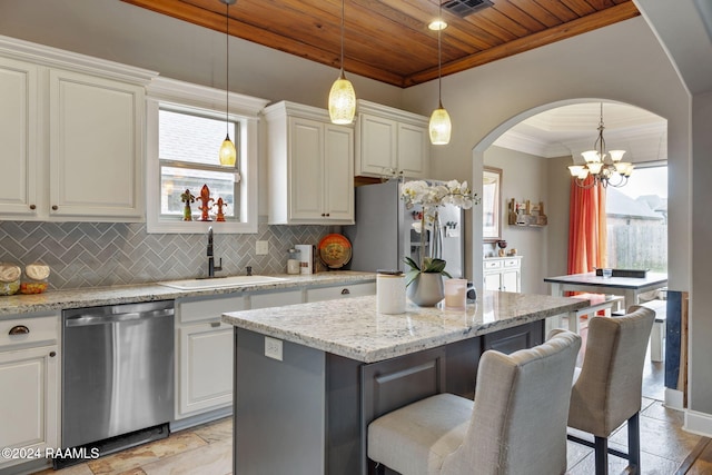 kitchen with stainless steel appliances, light stone countertops, wood ceiling, a breakfast bar, and a center island