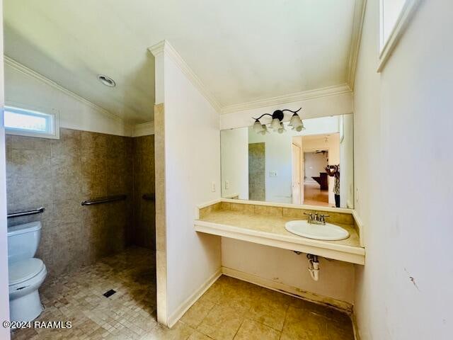 bathroom featuring lofted ceiling, crown molding, sink, and toilet