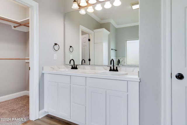 bathroom featuring wood-type flooring, vanity, and crown molding