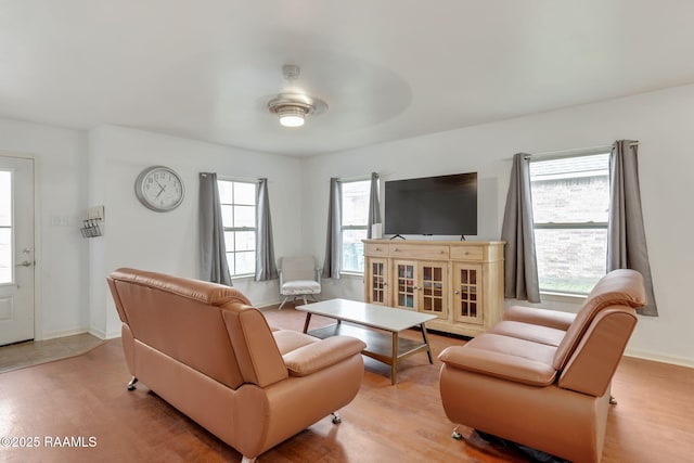 living room with ceiling fan and light hardwood / wood-style floors