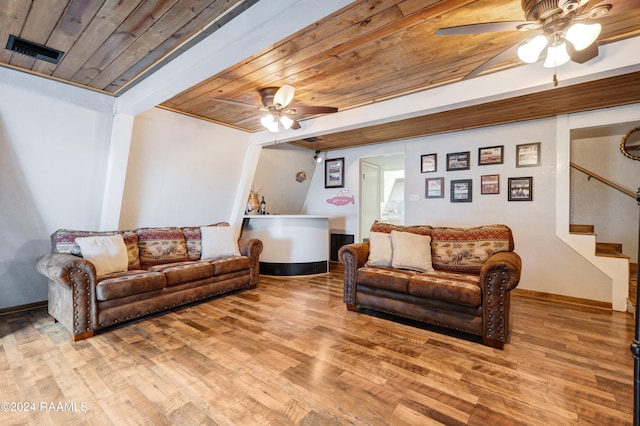 living room featuring hardwood / wood-style flooring, ceiling fan, and wood ceiling