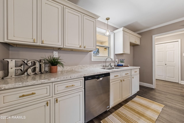 kitchen featuring pendant lighting, sink, dishwasher, dark hardwood / wood-style floors, and crown molding