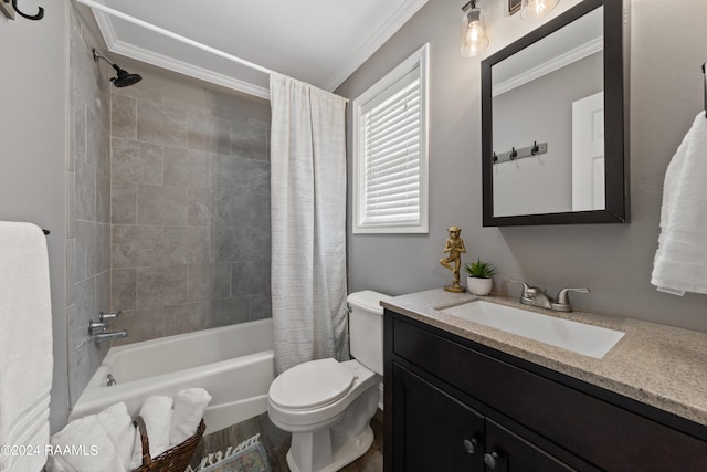 full bathroom featuring shower / bath combo with shower curtain, ornamental molding, vanity, and toilet