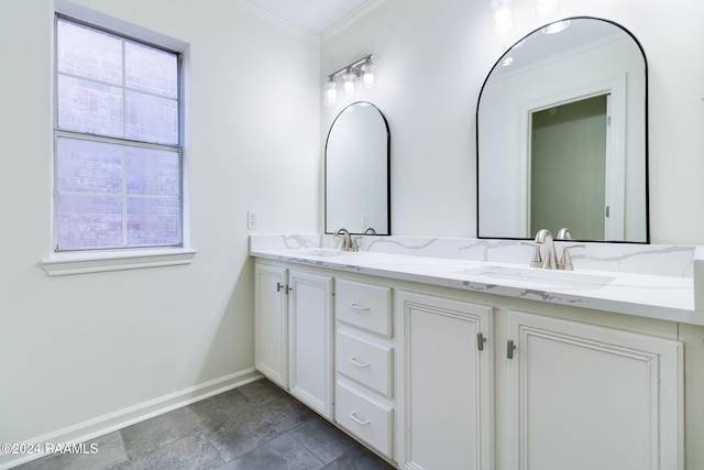 bathroom with vanity and ornamental molding