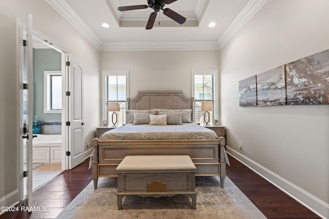 bedroom featuring multiple windows, ceiling fan, and dark hardwood / wood-style flooring