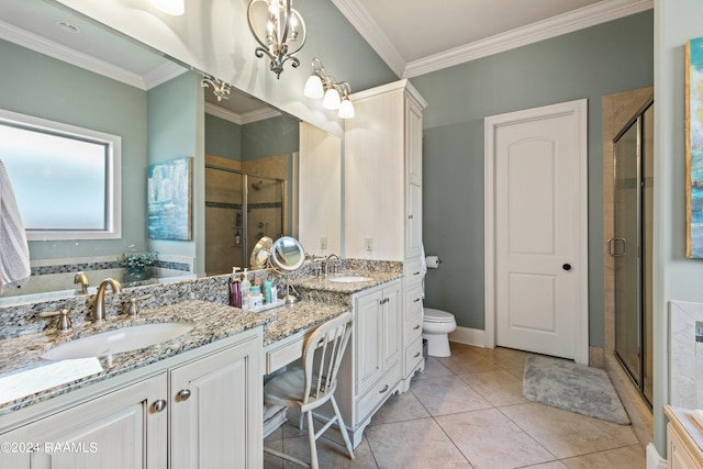 bathroom with tile patterned floors, toilet, ornamental molding, vanity, and an enclosed shower