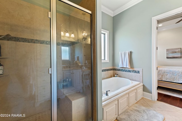 bathroom with independent shower and bath, ceiling fan, ornamental molding, and tile patterned flooring