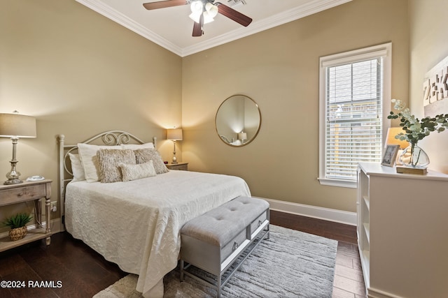 bedroom featuring crown molding, ceiling fan, multiple windows, and dark hardwood / wood-style flooring