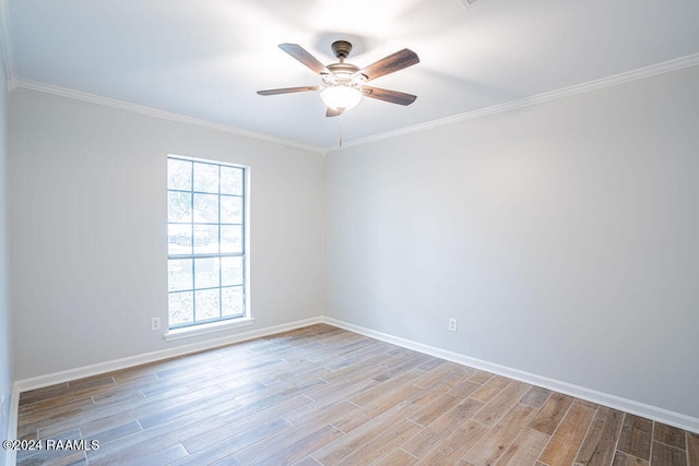 empty room with light hardwood / wood-style floors, ceiling fan, and crown molding