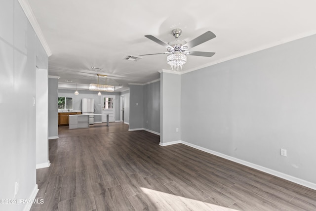 unfurnished living room with wood-type flooring, crown molding, and ceiling fan