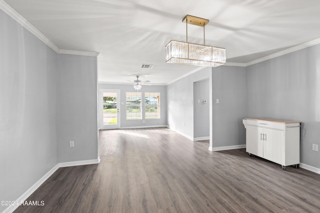 unfurnished living room with crown molding, ceiling fan, and dark hardwood / wood-style floors