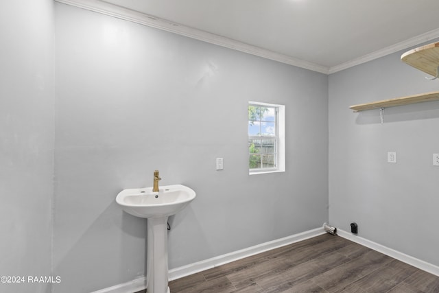 clothes washing area with sink, crown molding, and dark hardwood / wood-style flooring