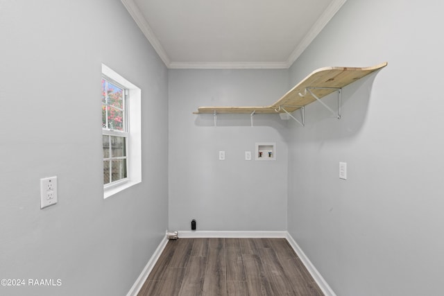 laundry area with washer hookup, dark hardwood / wood-style floors, and ornamental molding