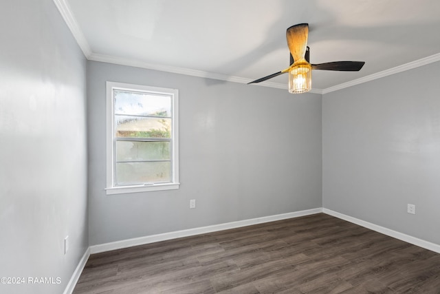 unfurnished room with dark hardwood / wood-style floors, ornamental molding, and ceiling fan