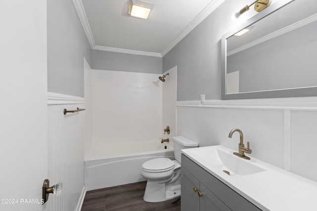 full bathroom with vanity, hardwood / wood-style flooring, crown molding, shower / bath combination, and toilet