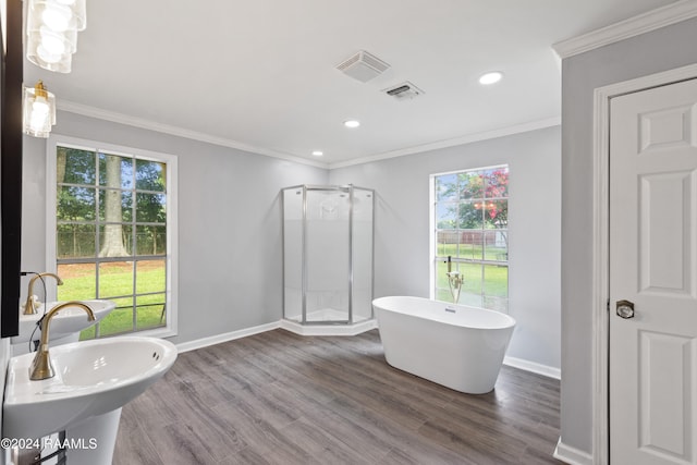 bathroom with crown molding, separate shower and tub, and hardwood / wood-style flooring