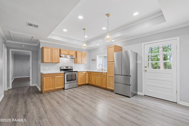 406 Orange Grove Ave, New Iberia, LA 70560 - kitchen featuring appliances with stainless steel finishes, a tray ceiling, light countertops, baseboards, and light wood finished floors