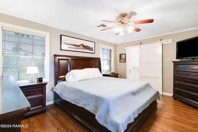 bedroom featuring a barn door, multiple windows, and dark hardwood / wood-style flooring