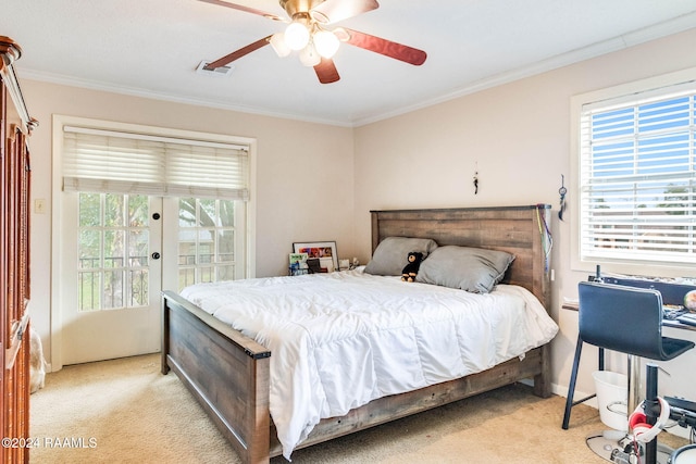 bedroom featuring crown molding, light carpet, ceiling fan, and access to exterior