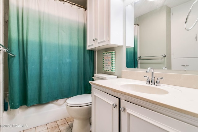 full bathroom with toilet, vanity, tile patterned flooring, and shower / bathtub combination with curtain