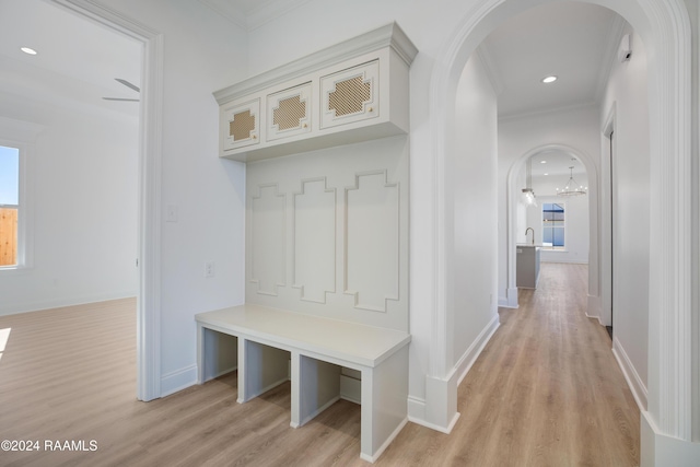 mudroom with crown molding and light wood-type flooring