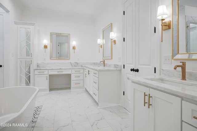 bathroom featuring vanity, a tub to relax in, and ornamental molding