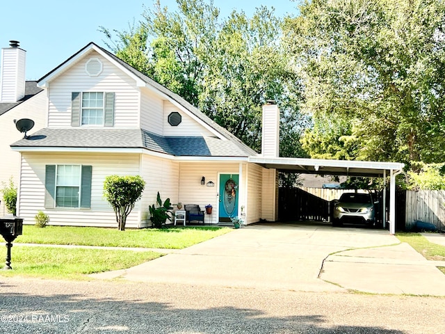 view of front facade with a front yard and a carport