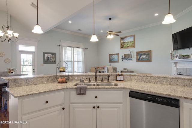 kitchen featuring white cabinets, light stone counters, ceiling fan with notable chandelier, sink, and dishwasher