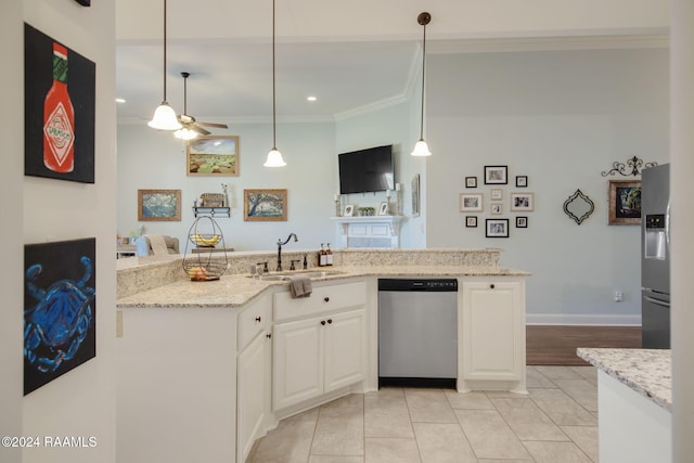 kitchen with white cabinets, sink, ceiling fan, light stone countertops, and stainless steel appliances