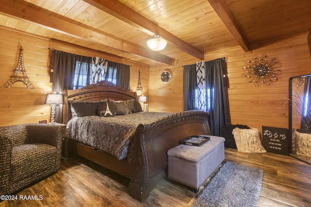 bedroom featuring wooden ceiling, beam ceiling, hardwood / wood-style flooring, and wooden walls