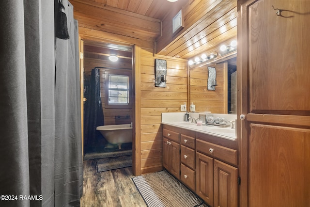 bathroom featuring wood-type flooring, vanity, wooden ceiling, and wooden walls