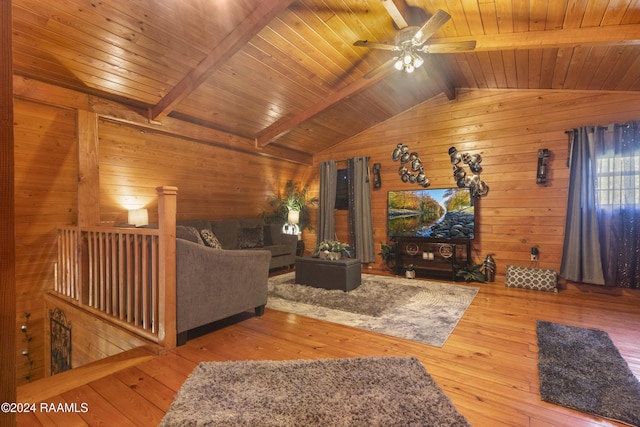 living room featuring hardwood / wood-style floors, wood walls, and wood ceiling